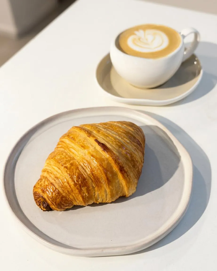 Croissant dorado junto a un café con arte latte