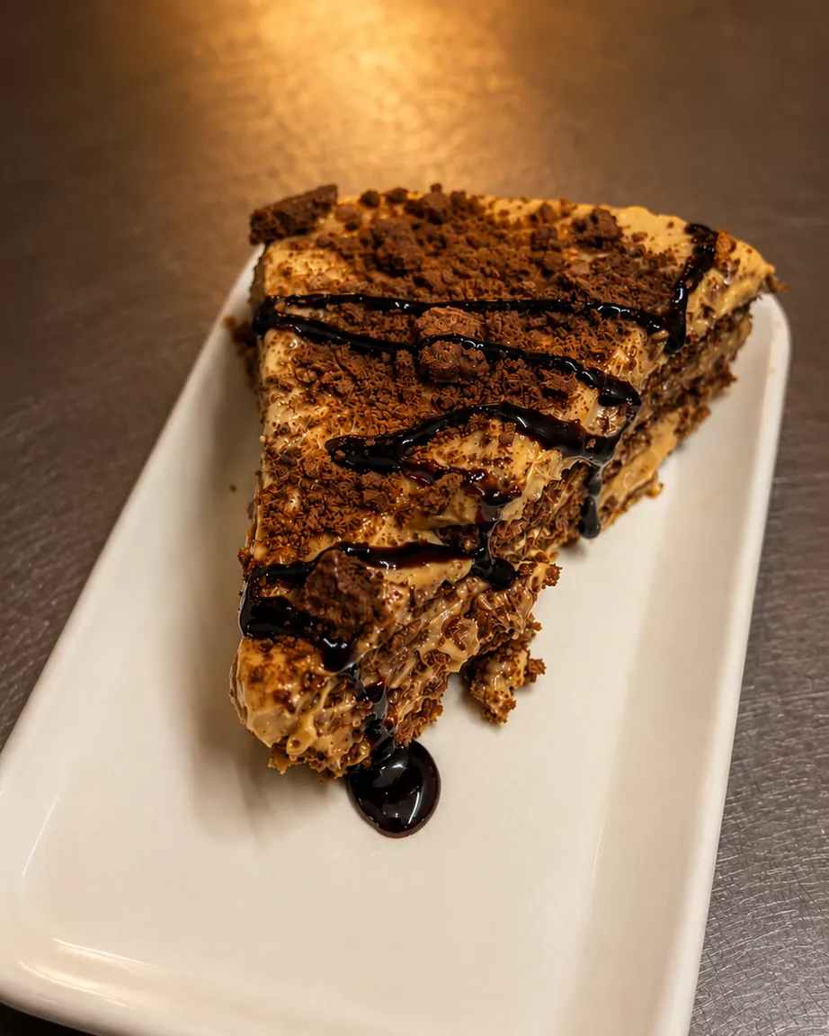 Porción de torta con dulce de leche, galletitas de chocolate y salsa de chocolate